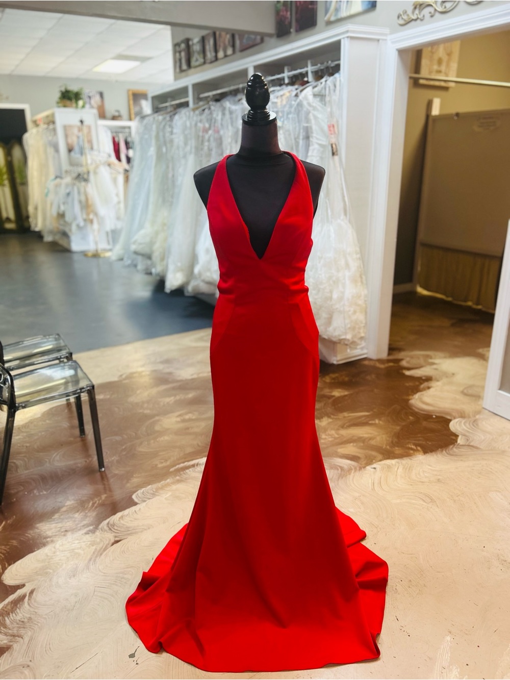 Jovani Red Plunge V-Neck Mermaid Prom Gown